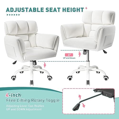 DurayLoly Home Office Chair with Wheels Soft-Touch Material,Modern Cute Vanity Chair with Back Adjustable Height Upholstered Comfy Desk Chairs with Side Pockets for Bedroom,White thumbnail 6