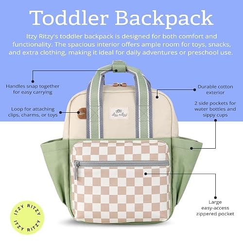 Itzy Ritzy Toddler Backpack - Daycare Bag - Features Adjustable Shoulder Straps, 2 Side Pockets & Spacious Interior with Wipeable Fabric Lining & Name Label, Checkerboard Backpack - Checkerboard - Small thumbnail 4