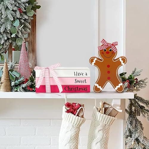 Pink Christmas Decorations 4 PCS Gingerbread Table Centerpieces, Cute Girlie Tabletop Christmas Decor for Tiered Tray Shelf Fireplace Mantel Office Desk Holiday Wood Faux Book Gingerbread Girl Sign thumbnail 5
