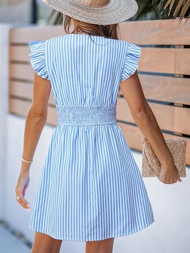 CUPSHE Women's Striped Summer Dresses V Neck Casual Mini Dress Flutter Sleeve Ruffle Button Sundresses thumbnail 2