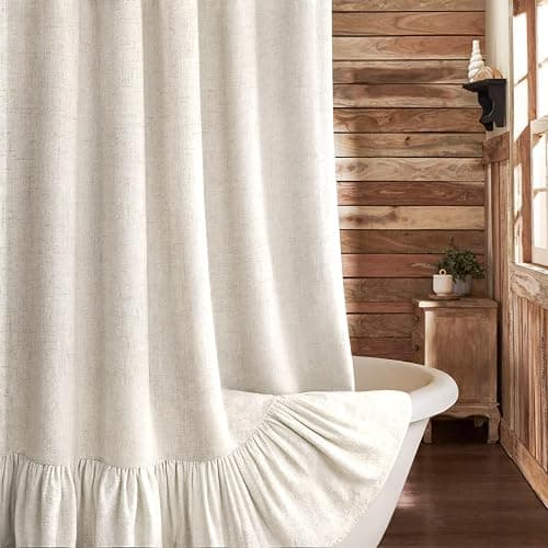 XOGUIBO Farmhouse Shower Curtain with Ruffle Hem Linen Flax Ivory White Shower Curtains for Bathroom Country Vintage Rustic Natural Fabric, 72" W x 72" L - Image 1