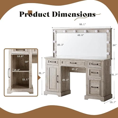 AMERLIFE 55" W Makeup Vanity with Hollywood Mirror, Glass Top Vanity with 5 Drawers & Charging Station, 10 Detachable Light Bulbs, Adjustable Brightness, Light Oak thumbnail 2