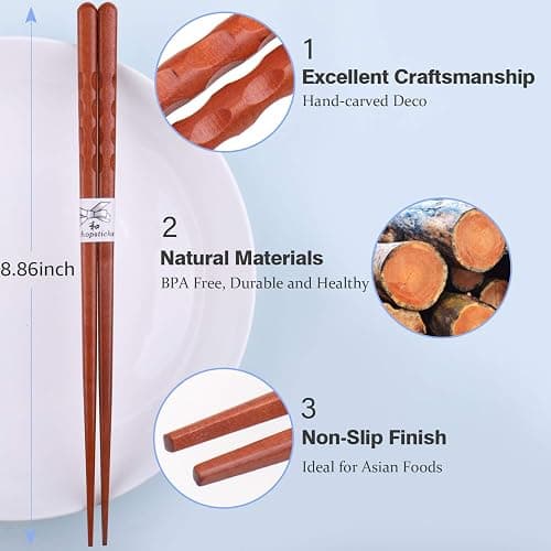 GLAMFIELDS Reusable Chopsticks Japanese Natural Wooden 5 Pairs Classic Style Lightweight Hand-Carved Safe Chop Sticks 8.8 Inch/22.5cm Gift Set thumbnail 4