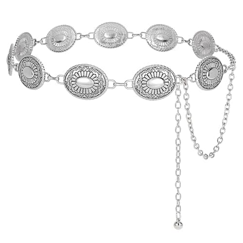 KASBAH Women Western Concho Belts For Dresses Jeans Cowgirl Waist Chain Belt Adjustable Metal Concho Country Belt - Antique Sliver - Fit waist size 25"-32"(43"length) - Image 1