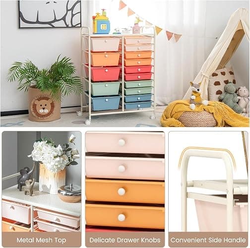LDAILY 15 Drawer Rolling Storage Cart, Rolling Cart with Drawers for Classroom, Art Supply Craft Organizer on Wheel with Metal Frame & Handles for Home Office School thumbnail 4
