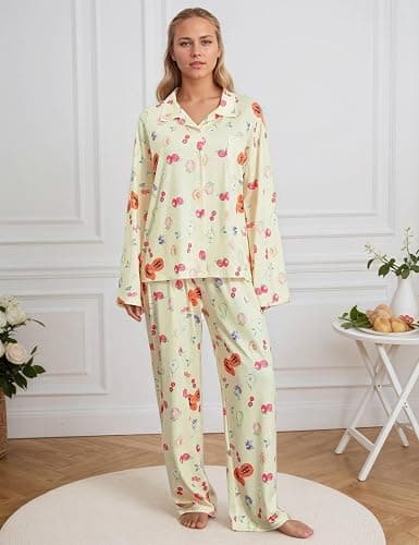 TIKITIDES Womens 2 Piece Floral Fruit Button Down Pajama Sets Cute Long Sleeve Wide Leg Soft Pjs Loungewear thumbnail 4