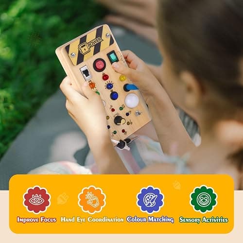 Hoarosall Montessori Wooden Busy Board with 8 LED Light switches, Sensory Toys Light Switch Travel Toys for 1+ Year Old Baby and Toddler thumbnail 5