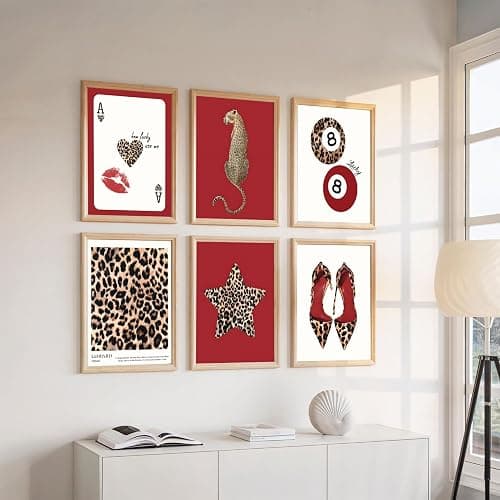 6Pcs Trendy Leopard Wall Art Prints Funky Red Lucky 8 Ball Posters Vintage Preppy Room Aesthetic Cheetah Wall Decor Pictures for Girly Bedroom Apartment Dorm Unframed (10L" x 8W") thumbnail 5
