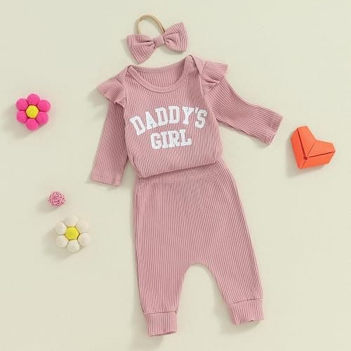 Tsnbre Newborn Baby Girl Outfits Daddys Girls Ruffle Long Sleeve Romper Top Pants Headband Infant Fall Winter Clothes thumbnail 2