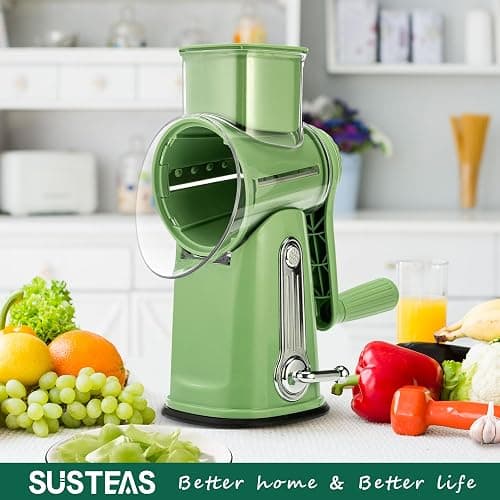 SUSTEAS Rotary Cheese Grater with Handle - Vegetable Shredder with 5 Well-designed Blades & Strong Suction Base,Round Mandoline Slicer & Food Chopper for Kitchen,with Blade Storage Box(Retro Green) thumbnail 7