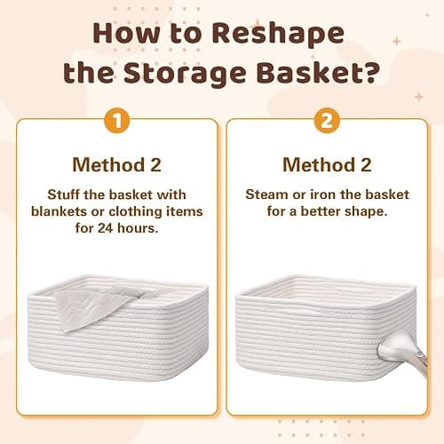 Storage Baskets for Shelves, 2 Pack Shallow Basket - 10.5" x 10.5" x 5.5", Rope Baskets for Organizing Toys, Snacks, Cube Storage Bins for Closet, Bedroom, Nursery, White thumbnail 7