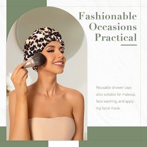 Reusable Shower Cap for Women, Large Waterproof Shower Essentials Bonnet Washable Elastic Band Bath Hair Wrap Hat for Long Hair, Braids(Leopard) thumbnail 3