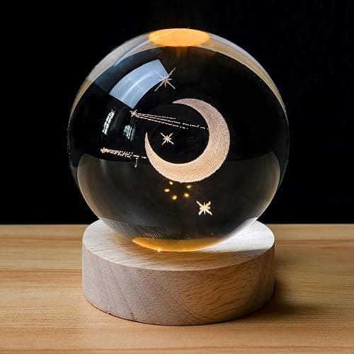 TINGMEIBESTLY 3D Cross Crystal Ball with Wooden Light Base,80MM Glass Ball Night Lamp,Decorations Gifts for Family Members and freinds (Moon) - Image 1