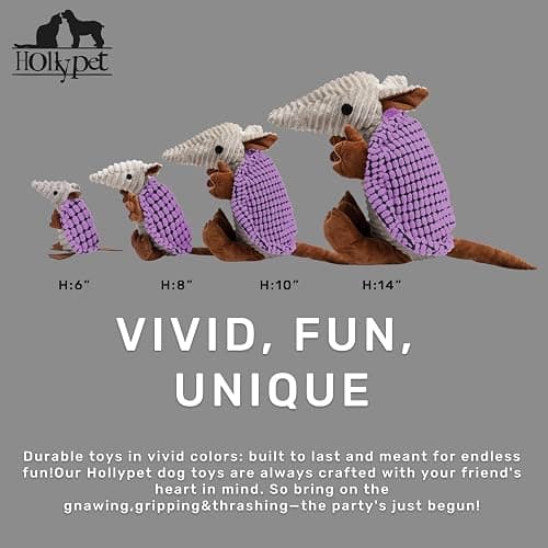 Hollypet Plush Dog Squeaky Toy Stuffed Armadillo Animal Pet Puppy Chew Toys with Clean Teeth for Small Medium Large All Breed Sizes Dogs, Purple, 8 in thumbnail 2