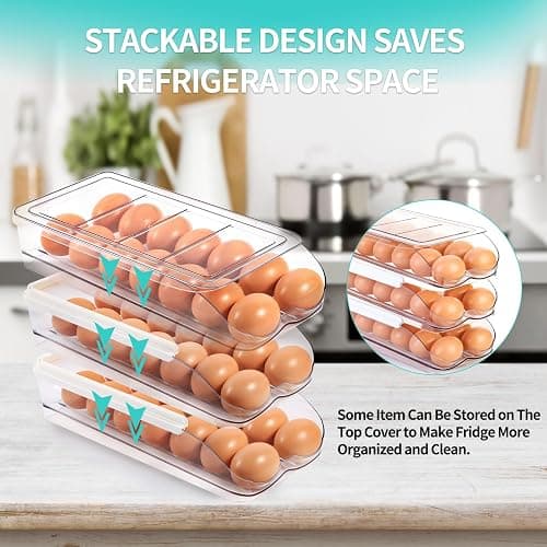 RoskDeewat Egg Holder for Fridge, Automatic Rolling Egg Container for Refrigerator, Stackable Fridge Organizers and Storage with Lid, Clear Plastic Egg Dispenser & Tray (2 Tier) thumbnail 5