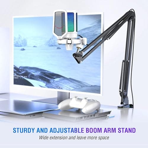 Fifine Gaming Microphone Set for PC, Streaming USB Mic with RGB for PS5, Computer Condenser Cardioid Mic with Boom Arm Stand, Shock Mount, Mute Button for Music Recording,YouTube,Twitch-A6T White thumbnail 5