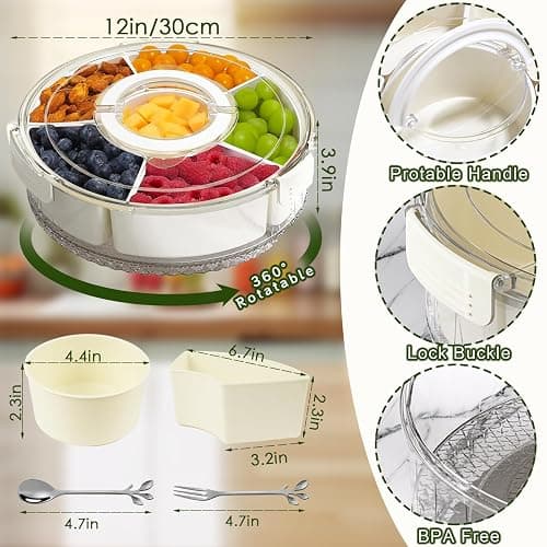 SanerCraft Rotating Snackle Box Container, Divided Fruit and Snack Tray with lid and Handle, Spinning Snack Container Veggie Platter for Parties, Picnics, Camping... thumbnail 2