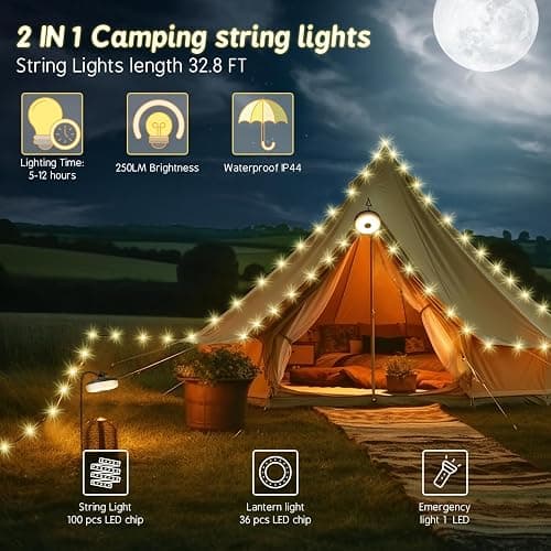 Camping String Lights, Outdoor String Lights with 8 Lighting Modes, Rechargeable String Light Camping 2 in 1, Waterproof Portable Stowable USB Camping Lights for Camping, Yard, Party Decor 32.8 ft thumbnail 3