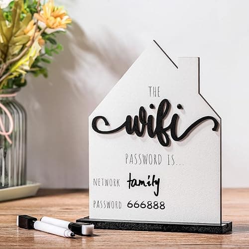 WiFi Pattern Password Sign for Guests Home Wooden Table WiFi Pattern Sign Wooden with Board Erasable Pen Chalkboard Table Centerpieces Decoration for Home Business(White Board, White Pen) - Image 1