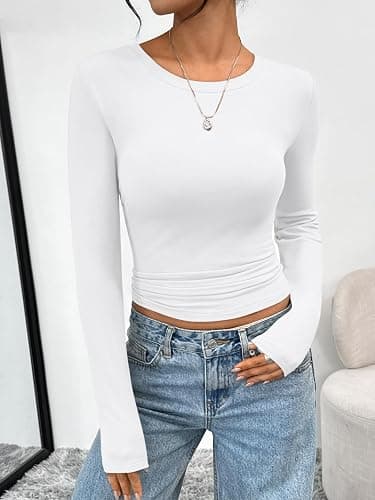 Trendy Queen Women's Long Sleeve T-Shirt | Silky Soft Drapey Rayon Blend Basic Crew Neck Tee, 4-Way Stretch Relaxed Fit Layering Top for Fall Winter Spring thumbnail 2