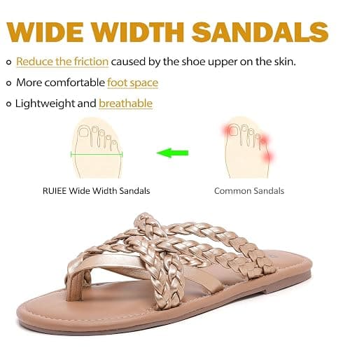 Ruiee Wide Width Sandals for Women, Summer Wide Feet Flip Flops Flat Slides Casual Braided Comfort Slip on Breathable Cute Sandal. thumbnail 4