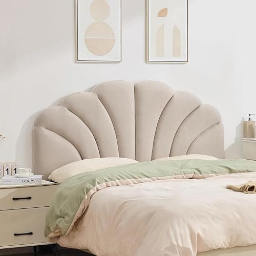 FriFurne Queen Size Headboard Only, Upgraded One-Piece Upholstered Headboard Adjustable Height&Width Full Bed Headboards Modern Soft Linen Petal Curved Padded Head Board, Light Brown thumbnail 7