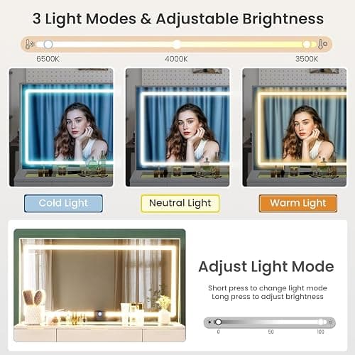 Fkhouse 11 Drawers Glass Top Vanity Desk, Crystal Handles Makeup Vanity with Mirror and Lights, Dressing Table with Power Outlet, Adjustable Lighting Modes, White thumbnail 8