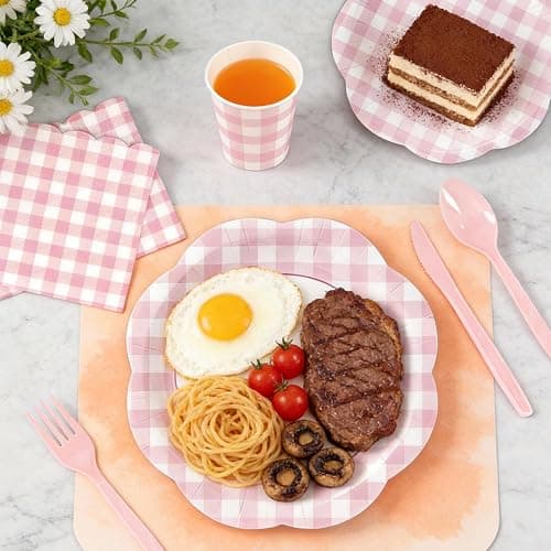 168Pcs Pink Gingham Plates and Napkins Party Supplies, Scalloped Checkered Disposable Paper Plates Set with Napkins Cups Plastic Cutlery for Birthday Wedding Baby Shower Spring Party Supplies thumbnail 6