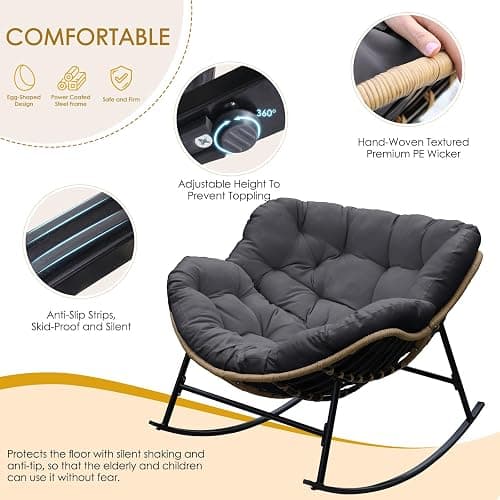 NICESOUL Rocking Papasan Chair Indoor Outdoor, Cushioned Patio Rattan Rocker, Oversized Large Egg Royal Rocking Chairs, 450lbs Sturdy Comfy Lounge Glider for Outside, Balcony, Porch, Xmas Gift, Grey thumbnail 7