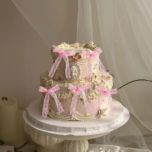 Ephlyn 30Pcs Bow Cupcake Toppers Bowknot Ribbons Coquette Bow High Footed Cup Balloon Wall Party Decorations Cake Dessert Picks Birthday Wedding Party Supplies Lace Pink thumbnail 7