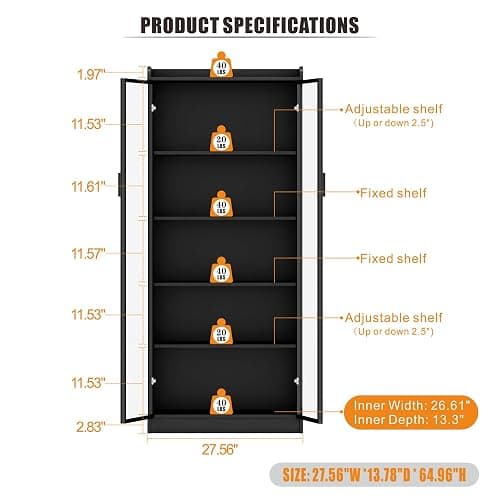 Dystler Display Cabinet with Doors and Adjustable Shelves, 65" Tall Bookcase with LED Lights/Human Sensor, 5 Tier Display Case for Collectibles Bedroom Living Room Office, Black thumbnail 2