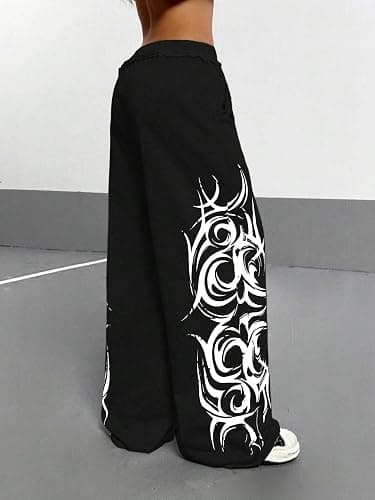 ZAFUL Womens Wide Leg Sweatpants Y2K Gothic Graffiti High Waisted Lounge Pants Athletic Joggers Pants with Pockets thumbnail 4