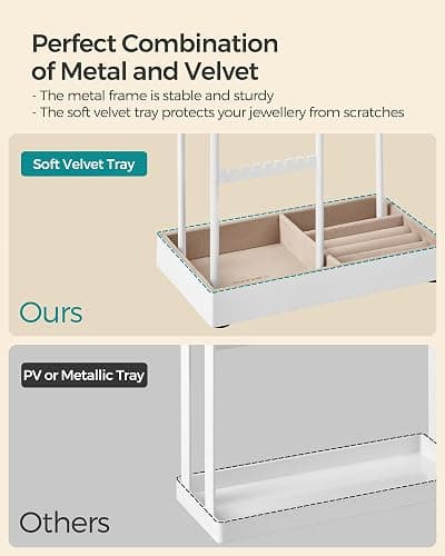 SONGMICS Jewellery Stand, Jewellery Organiser, Jewellery Display Stand with Metal Frame and Velvet Tray, Earring Bracelet Holder, Necklace Stand, for Studs, Rings, Gift Idea, White JJS021W01 thumbnail 6