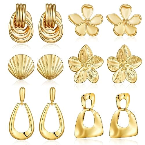 AIDSOTOU 6 Pairs Chunky Gold Earrings For Women Trendy Statement Gold Plated Flower Shell knot Dangle Earrings Lightweight Hypoallergenic Fashion Jewelry Set - Image 1