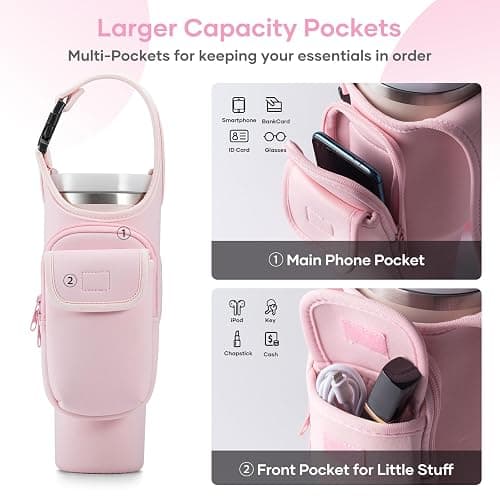 Carrier Bag with Phone&Flap Pockets for Stanley 40/30oz Tumbler with Handle, Insulated Neoprene Cup Holder Carrier Bag w/Shoulder & Handheld Strap Fits Stanley Cup Accessories thumbnail 2