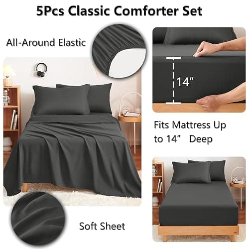 CozyLux Twin XL Comforter Set Dark Grey - 5 Pieces Twin Extra Long Bed in a Bag for College Dorm, All Season Bedding Set for Girls and Boys, Soft Bed Set with Comforter, Sheets, Pillowcase & Sham thumbnail 5