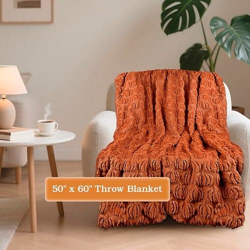 Fall Decor Pumpkin Throw Blanket - 50"x60" Rust Red Autumn Soft Blankets Halloween Decorations for Sofa Couch Home, Cozy Faux Fur Warm Pumpkin-Themed Thanksgiving Gifts for Living Room Bed Women Men - Rust Red Blanket thumbnail 2