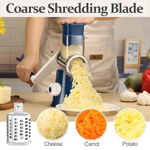 Cambom Rotary Cheese Grater Hand Crank Cheese Shredder for Fresh Cheese, Vegetable, Nuts, Non-slip Suction Base,Five Blades, Deep Blue thumbnail 5