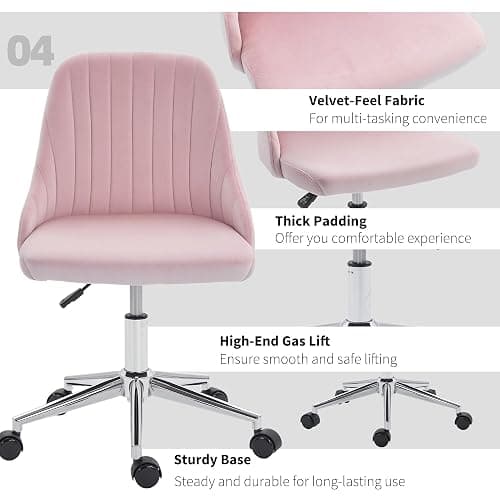 Vinsetto Vanity Chair for Makeup, Velvet Comfy Office Chair with Adjustable Height, Swivel Wheels, Pink thumbnail 7