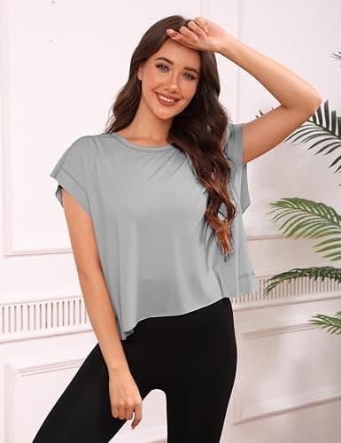 Fhniepan Open Back Tops for Women Oversized Short Sleeve Workout T Shirts Backless Y2k Athletic Crop Running Tees thumbnail 5