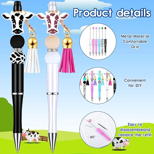 Tinlade 12 Pieces Beadable Pens Bulk with 50 Pcs Assorted Colors Beads Pens DIY Making Kit Multicolor Ballpoint Black Ink for Women Kids Students Office School(Cow Style) thumbnail 3