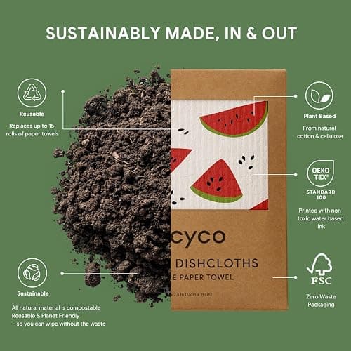 RECYCO Swedish Dishcloths for Kitchen | 6 Pack Tropical Fruit Washable Dish Rags | Cellulose Reusable Cleaning Paper Towels | Absorbent Counter Dish Cloth Sponge Kitchen Wipes, 8" L x 7" W thumbnail 4