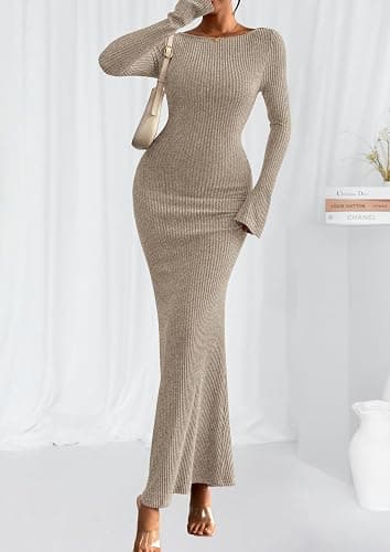 PRETTYGARDEN Women's Fall Fashion 2025 Long Sleeve Maxi Dress Ribbed Knit Boat Neck Bodycon Casual Dresses Going Out Outfits thumbnail 7