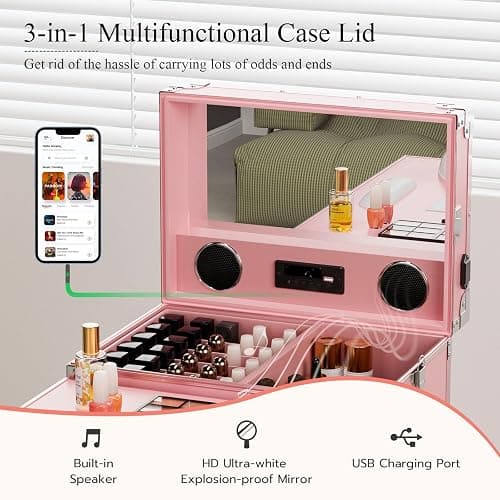Icoget Portable Rolling Manicure Table for Nail Teach, Foldable Traveling Nail Desk w/Storage, Mobile Nail Table w/Audio and Mirror, Makeup Train Case Cosmetic Trolley, Pink thumbnail 2