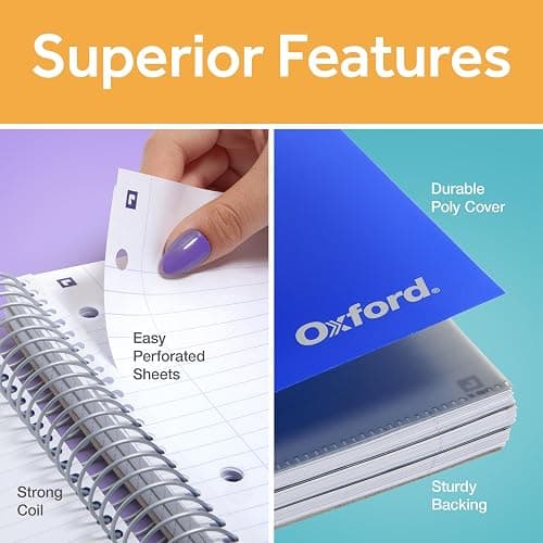 Oxford Spiral Notebook with Free Study App, 3 Subject, Wide Ruled, Ultra Smooth Paper, No Ink Bleed-Through, Strong Poly Blue Cover, 3 Durable 2 Sided Pockets, 150 Easy Perforated 8.5" x 11" Sheets thumbnail 8