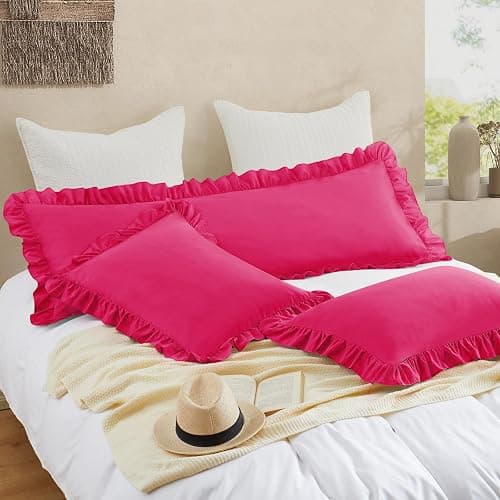 Cobedzy Ruffled Pillow Cases Set of 1, Hot Pink Body Pillow Shams Brushed Microfiber Edge Ruffled Soft Pillow Cover with Envelope Closure for Bedding Decor (20"x54") thumbnail 4