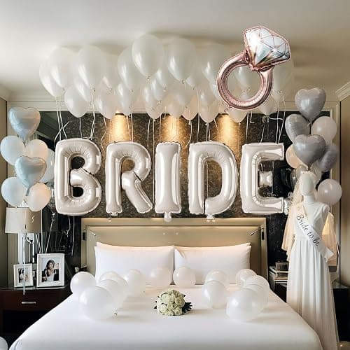 Cream White Bridal Shower party decorations with huge 40 Inch BRIDE letter Pearl Balloons BRIDE to be Sash Bridal Veil and Diamond Ring Heart shape Balloons For Bachelorette party Wedding supplies - Image 1