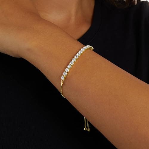 Amazon Essentials 14K Gold or Sterling Silver Plated Adjustable Cubic Zirconia Tennis Bracelet 9.5" thumbnail 2