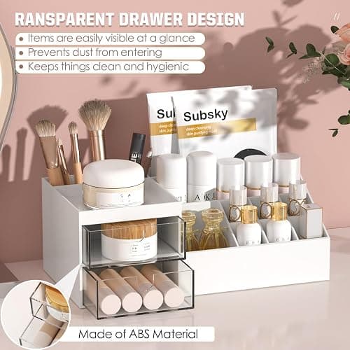 Subsky Make up Organizer mit Schubladen, Multifunktion Schminktisch Organizer Einfache Aufbewahrung für Make-Up Pinsel Wattepads, Schreibtisch Organizer für Dresser Skincare Weiß thumbnail 6