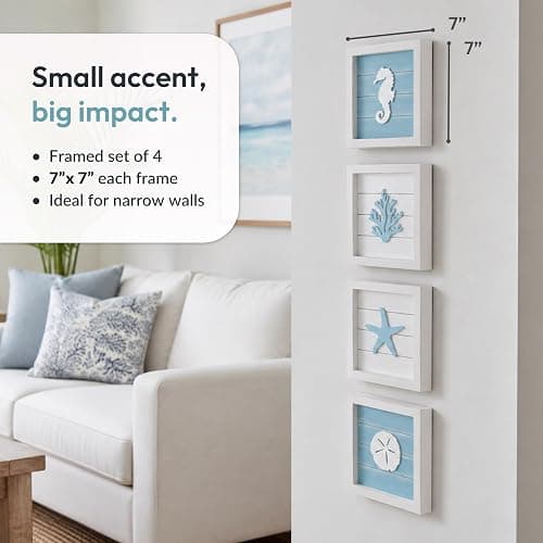 Tide and Tales Coastal Wall Art (Framed Set of 4) Beach Bathroom Wall Decor with Starfish, Seahorse, Sand Dollar and Coral - Ocean Theme Turquoise Room Decor - Seashell Beach Decorations for Home 7" x 7" thumbnail 3